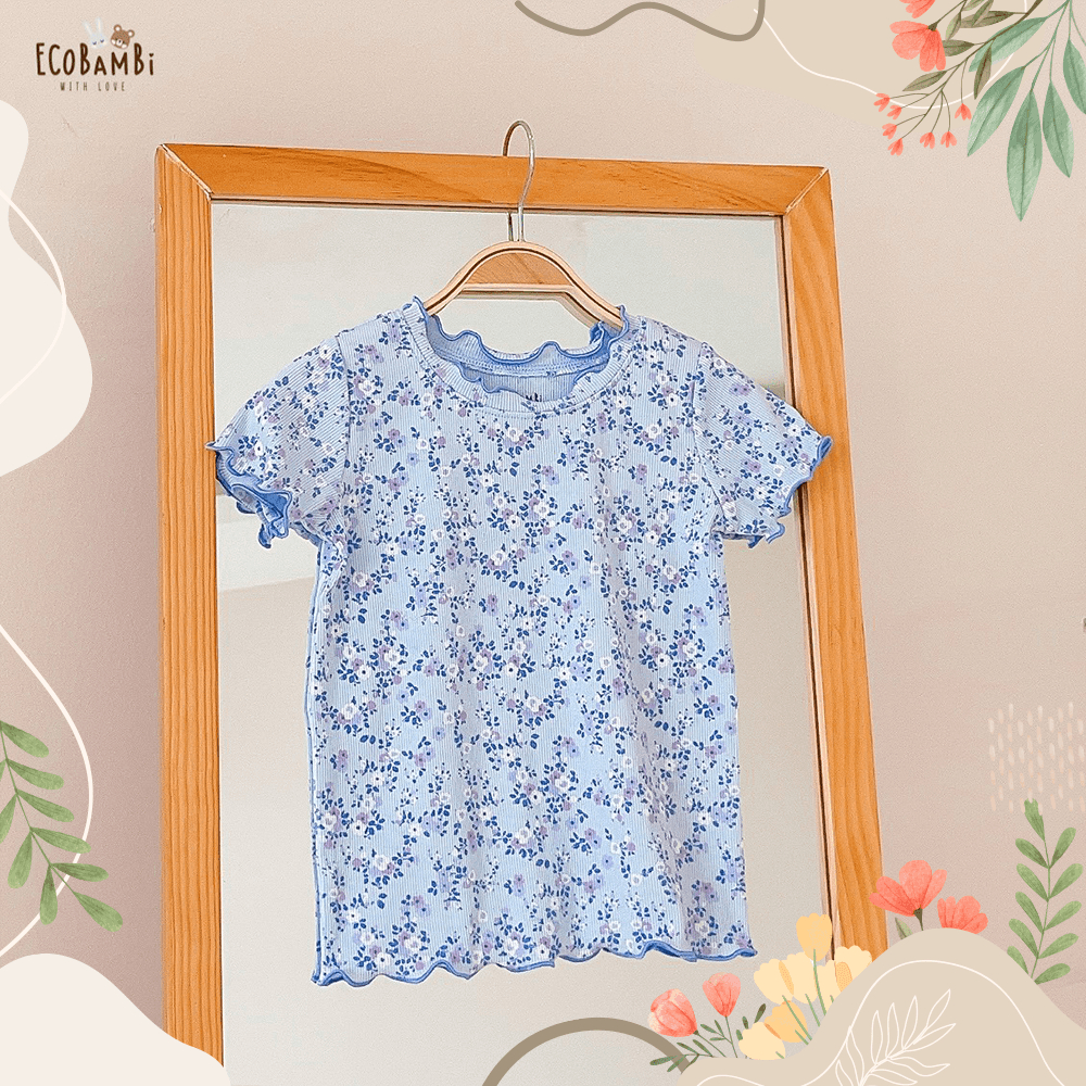 Áo thun tay ngắn, cổ bèo cotton gân Hàn bé gái ECOBAMBI