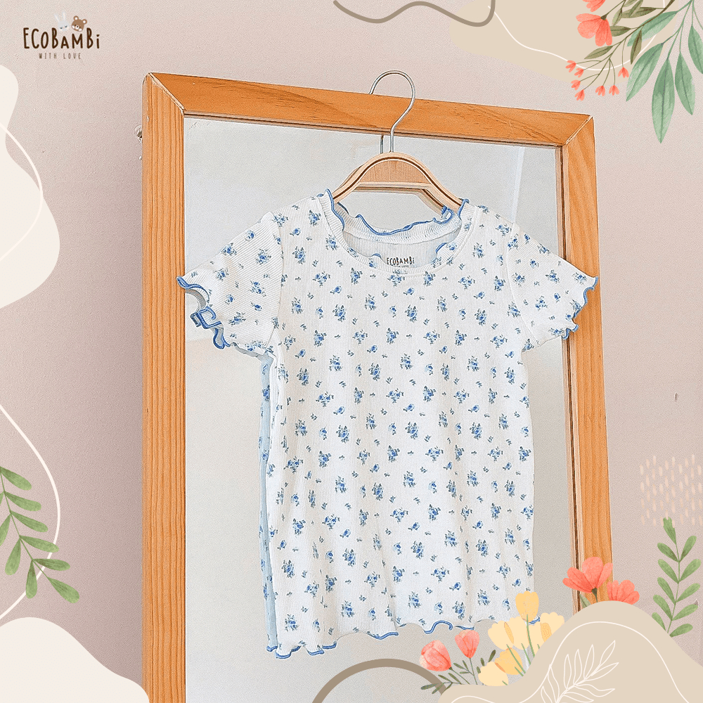 Áo thun tay ngắn, cổ bèo cotton gân Hàn bé gái ECOBAMBI