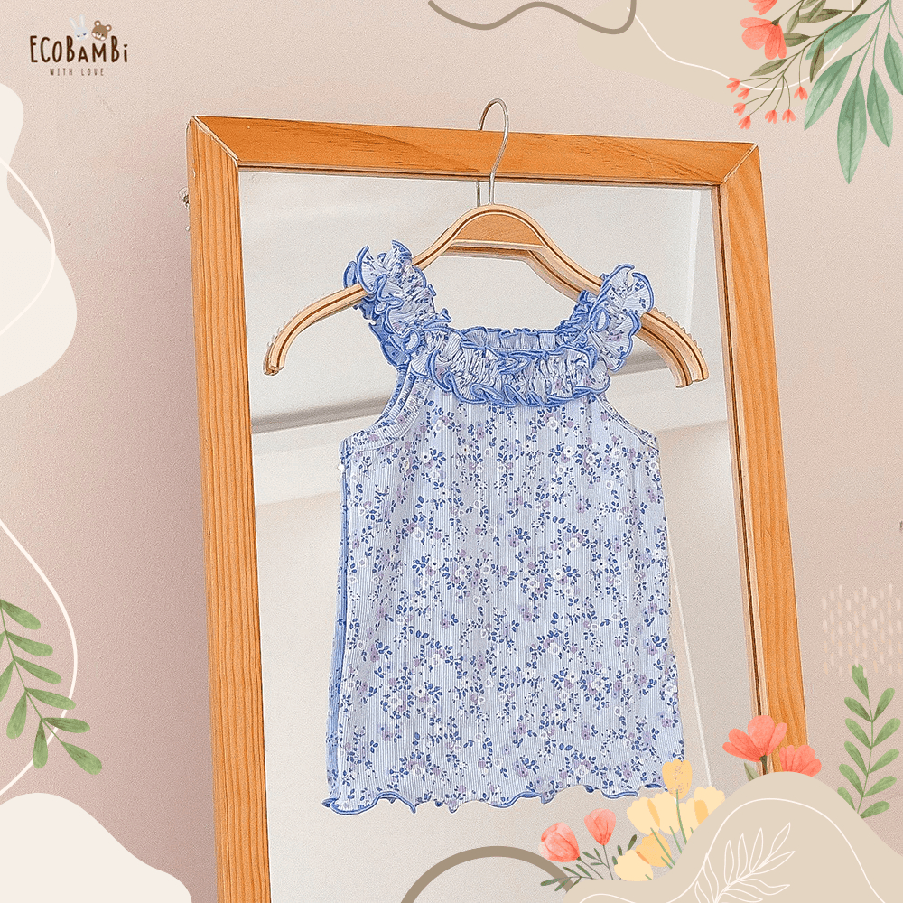 Áo thun tay ngắn, cổ bèo cotton gân Hàn bé gái ECOBAMBI