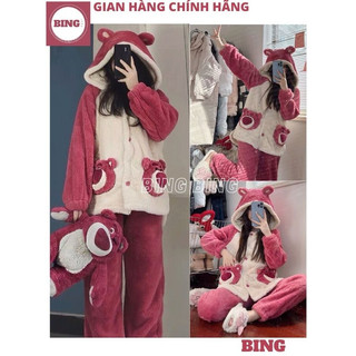 Bộ ngủ lông gấu phối đỏ mận siêu kute dễ thương ulzzang, bộ đồ lông mặc nhà xinh sắn