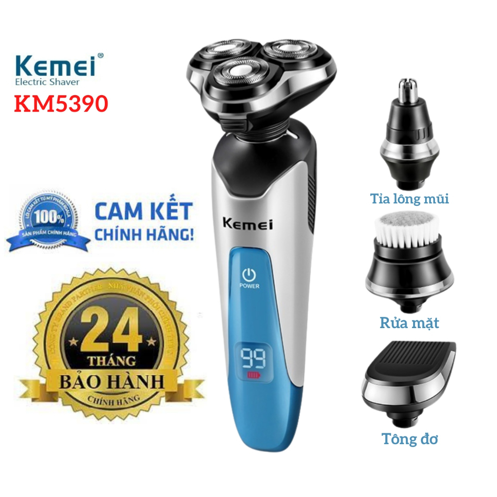 Máy cạo râu đa năng Kemei KM-5390 cao cấp 3 lưỡi tròn tự mài sắc, chống nước IPX6, động cơ đồng thau 5w - Chính hãng