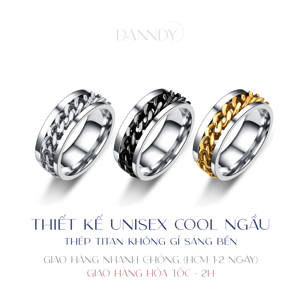 Nhẫn Titan Không Gỉ Nam Nữ. Nhẫn Xoay Phối Dây Xích. Nhẫn Nam Đẹp Màu Đen Bạc | Dandy