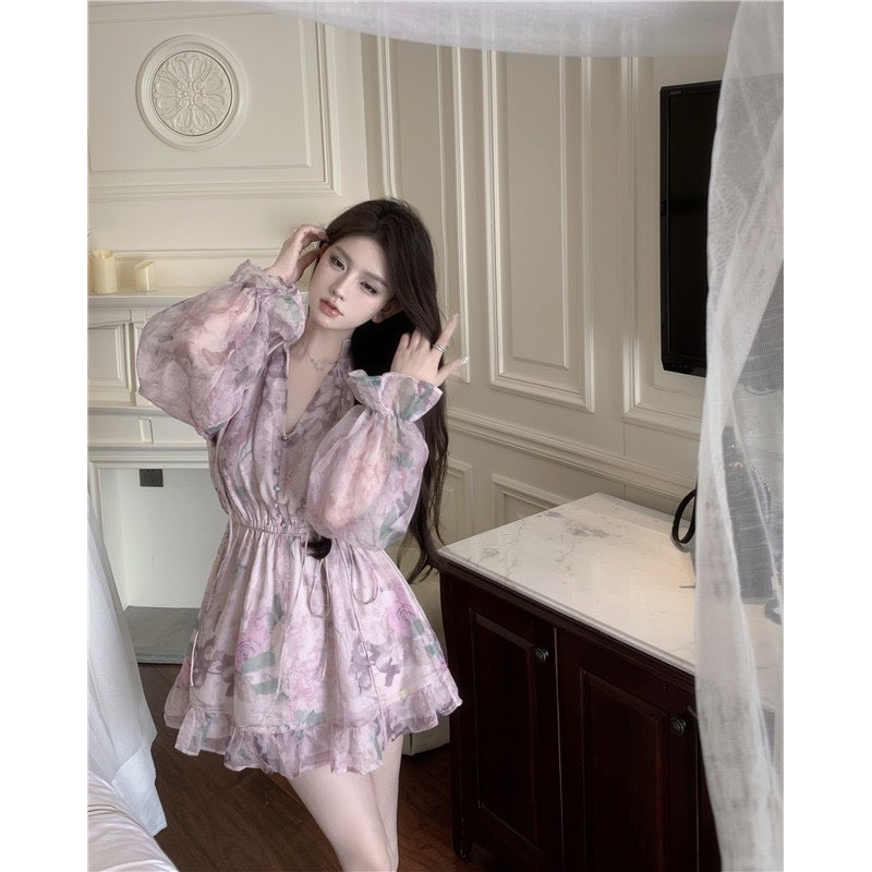 Đầm hoa tay phồng phong cách tiểu thử hàn quốc thời trang nữ