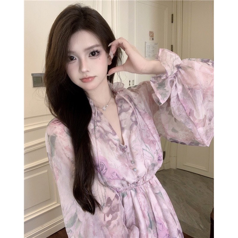 Đầm hoa tay phồng phong cách tiểu thử hàn quốc thời trang nữ