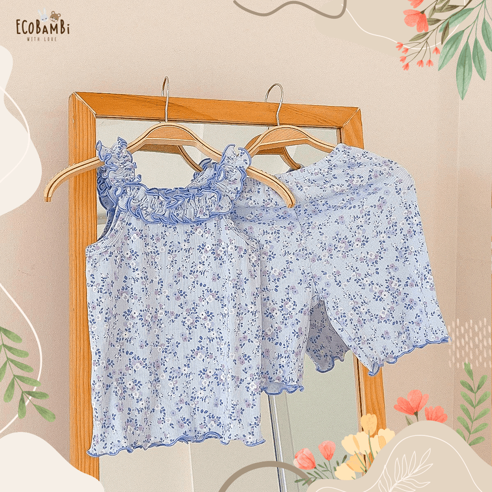 Bộ cotton thun gân Hàn 2 dây viền bèo bé gái hoạ tiết hoa nhí ECOBAMBI - BB-23BOBG044