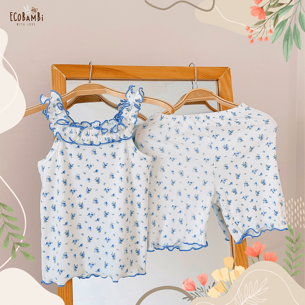Bộ cotton thun gân Hàn 2 dây viền bèo bé gái hoạ tiết hoa nhí ECOBAMBI - BB-23BOBG044