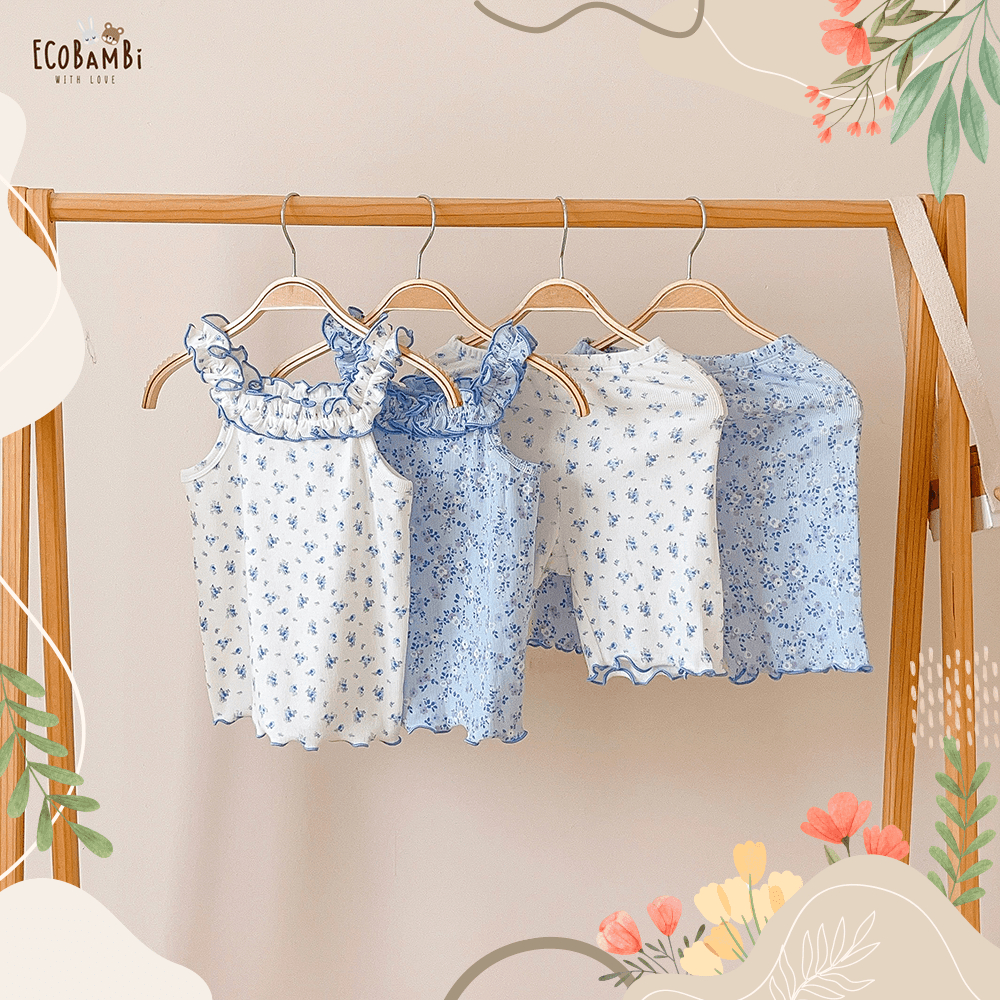 Bộ cotton thun gân Hàn 2 dây viền bèo bé gái hoạ tiết hoa nhí ECOBAMBI - BB-23BOBG044