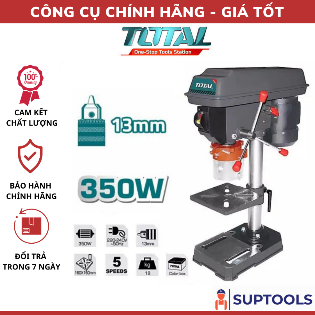 Máy khoan bàn 350W TOTAL TDP133501 Khả năng khoan tối đa: 13 mm Kích thước bàn khoan: 160*160 mm [Hàng chính hãng]