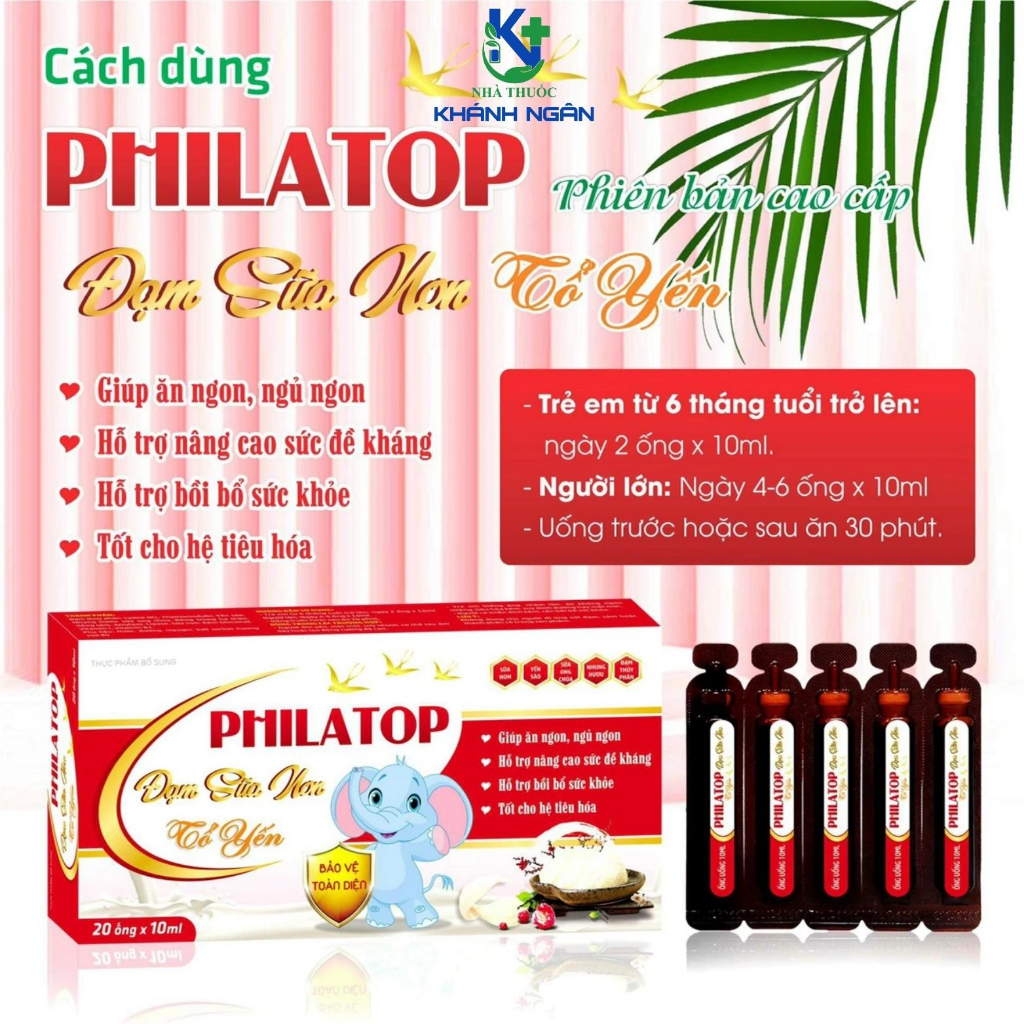 Philatop Sữa Non Yến Sào với thành phần, yến sào,hồng sâm, giúp giúp ăn ngủ ngon, nâng cao sức đề kháng hộp 20 ống