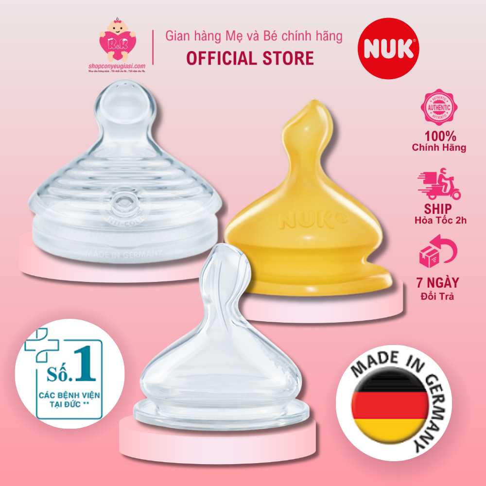 [Chính hãng có tem] Núm Ty NUK Cao Su/ Silicon - Đôi - Cổ Rộng - MADE IN GERMANY