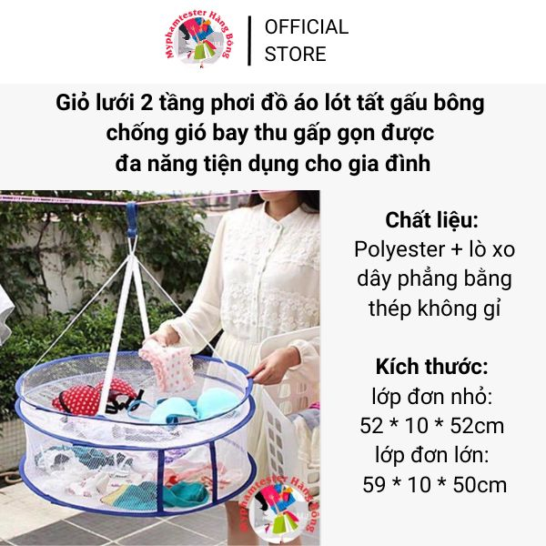 Giỏ lưới 2 tầng phơi đồ áo lót tất gấu bông chống gió bay thu gấp gọn được đa năng tiện dụng cho gia đình