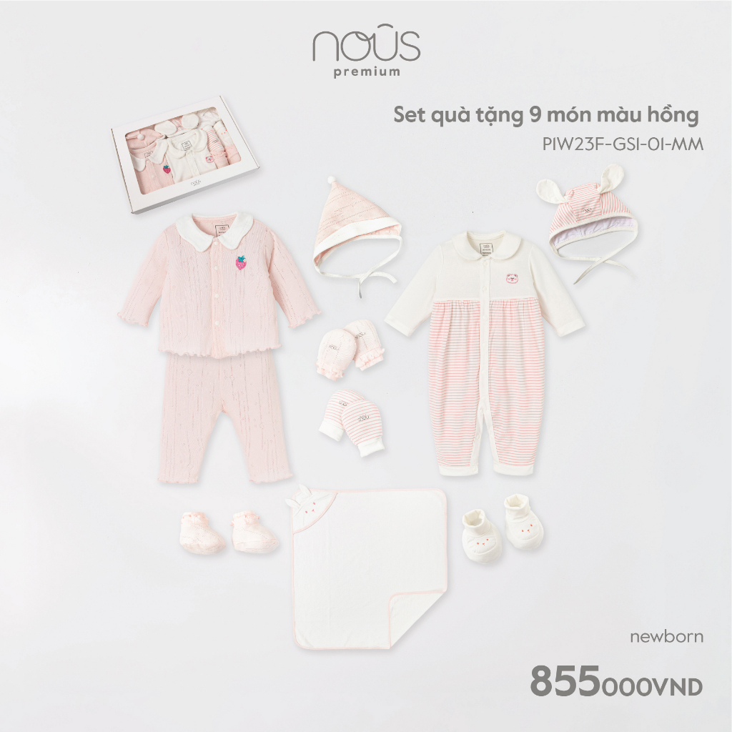 Set quần áo, mũ , yếm, 2 đôi bao tay bao chân, khăn tắm Nous hai màu dành cho bé sơ sinh