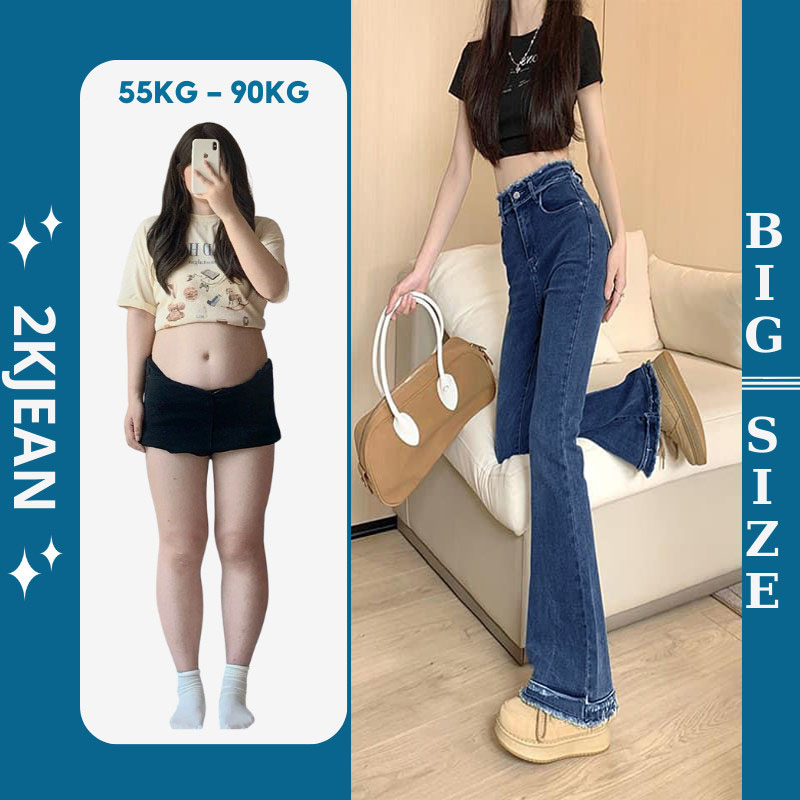 Quần ống loe jean nữ kiểu lưng tua siêu co giãn bigisze từ 55kg đến 90kg thời trang bigsize 2KJean