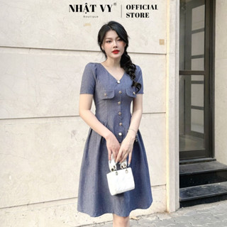 Đầm đi chơi NHẬT VY dáng xoè cổ V đính cúc xếp ly chất linen phù hợp dạo phố cafe sang chảnh - D2585
