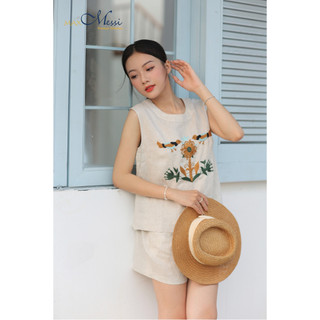 MaxMessi - Áo xẻ tà nữ Linen Tưng Premium COSIMA sát nách thêu hoa thủ công phối set
