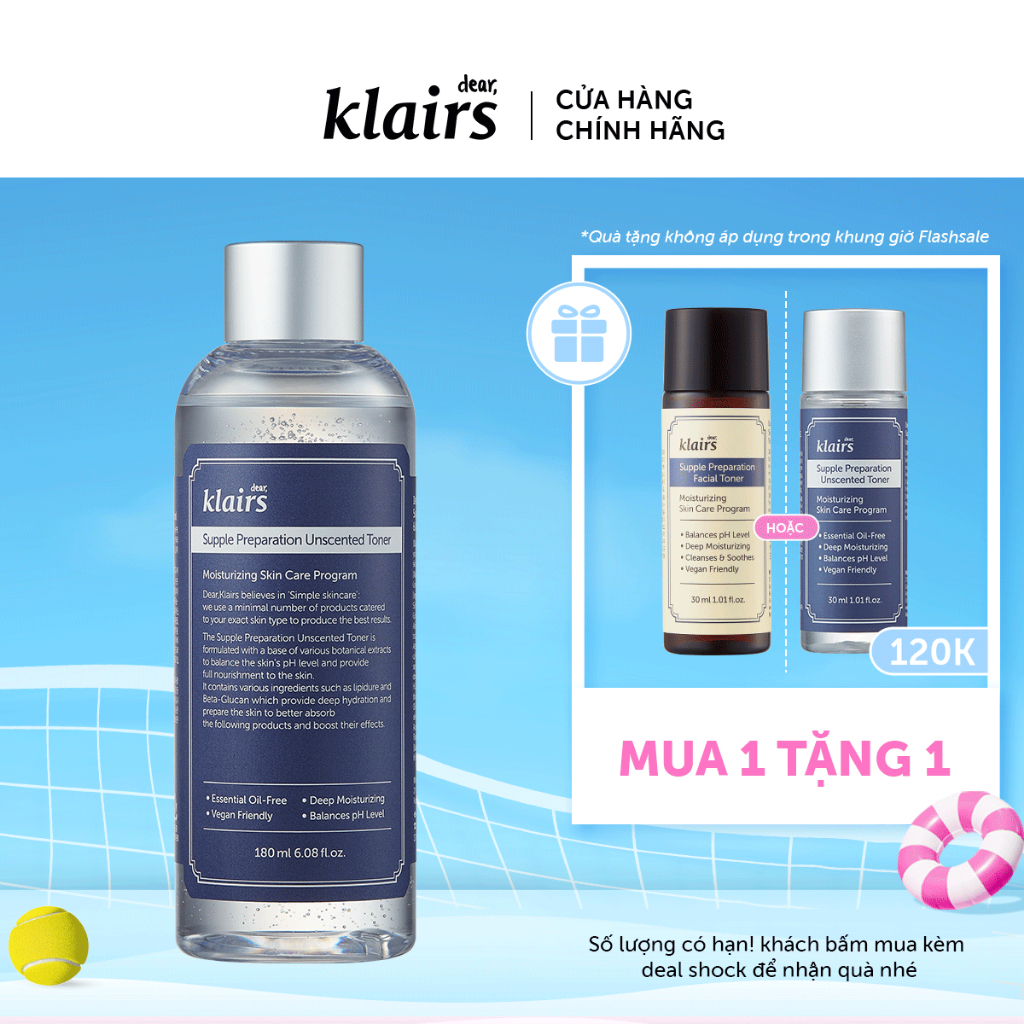 Nước hoa hồng Dear, Klairs Supple Preparation Unscented Toner 180ml