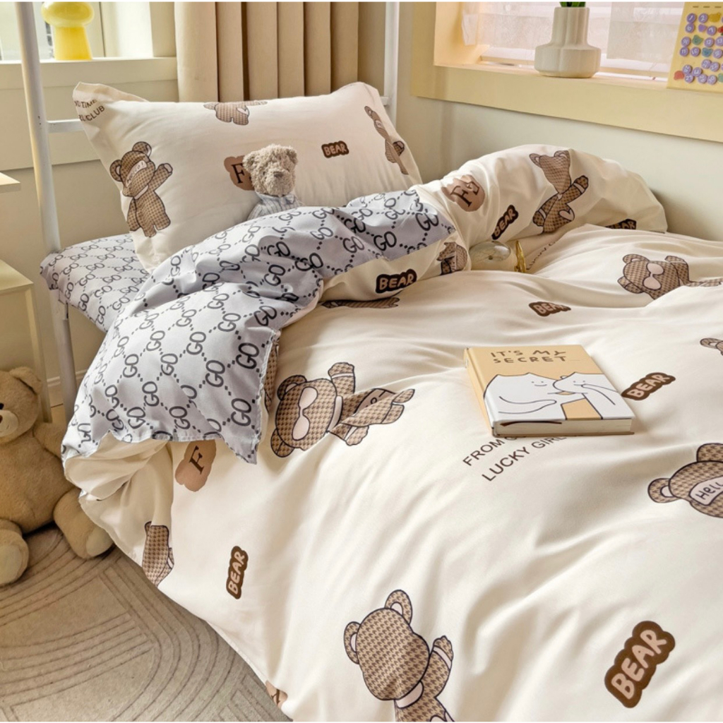 Bộ chăn ga gối cao cấp ETAMI cotton poly Gấu Bear Nâu miễn phí bo chun drap giường , ga trải giường