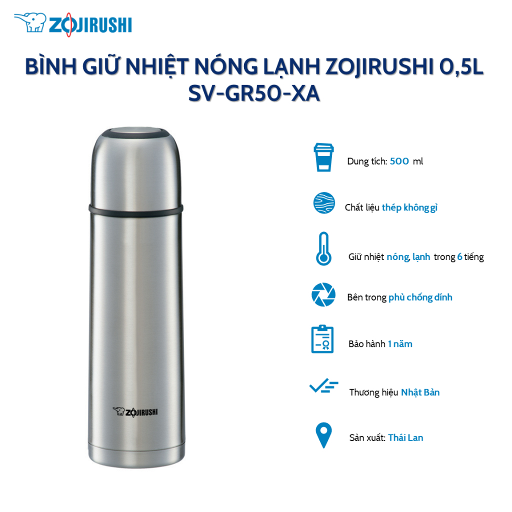 Bình giữ nhiệt Zojirushi SV-GR50-XA dung tích 0.5L( Inox), bảo hành 1 năm chính hãng