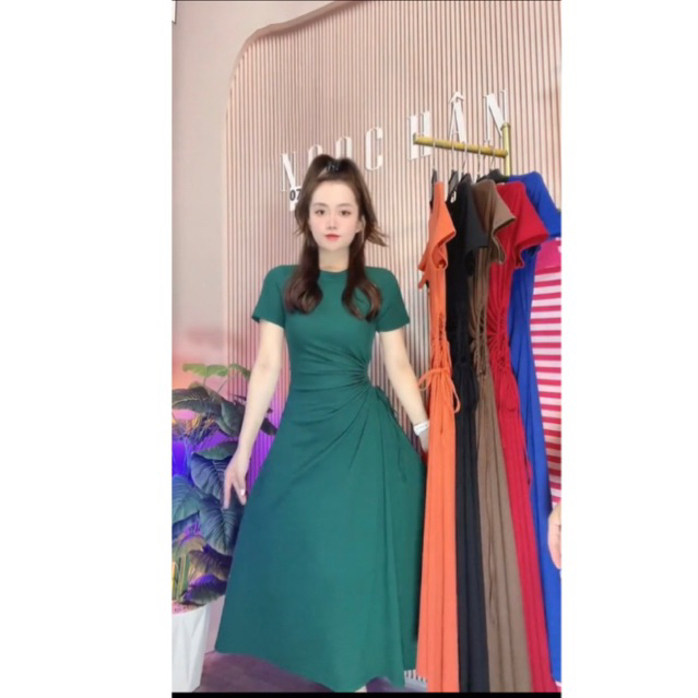 Đầm body tay ngắn rút dây eo dáng xoè dài  co giãn bigsize