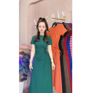 Đầm body tay ngắn rút dây eo dáng xoè dài (chất vải thun gân tăm) co giãn bigsize (40kg-80kg) ( Đ2 )