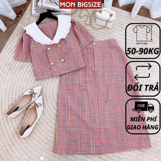 Set đồ bộ bigsize nữ dự tiệc đi chơi sang chảnh kiểu cổ bèo trắng chất đũi xốp MON big size 50 - 90kg