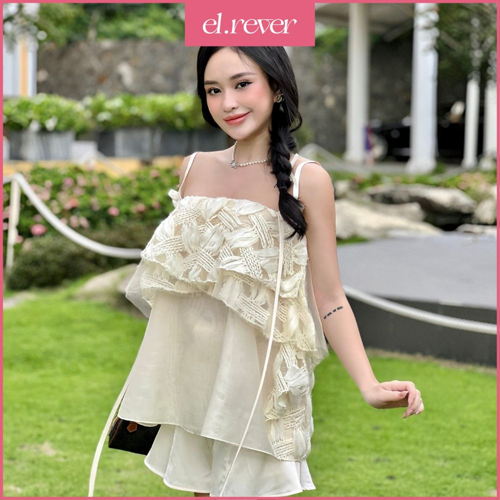 ELRÊVER - Áo dây kiểu nữ họa tiết tiểu thư - Màu kem - 0723T71