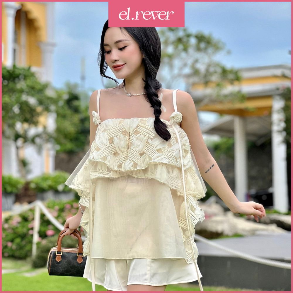 ELRÊVER - Áo dây kiểu nữ họa tiết tiểu thư - Màu kem - 0723T71