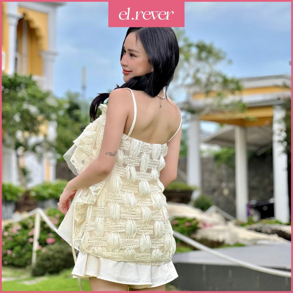 ELRÊVER - Áo dây kiểu nữ họa tiết tiểu thư - Màu kem - 0723T71