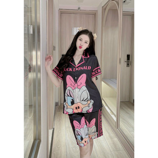 Bộ lửng pijama Hana vải lụa xước cao cấp, áo tay ngắn cổ bẻ + quần lửng in họa tiết 5D dễ thuơng