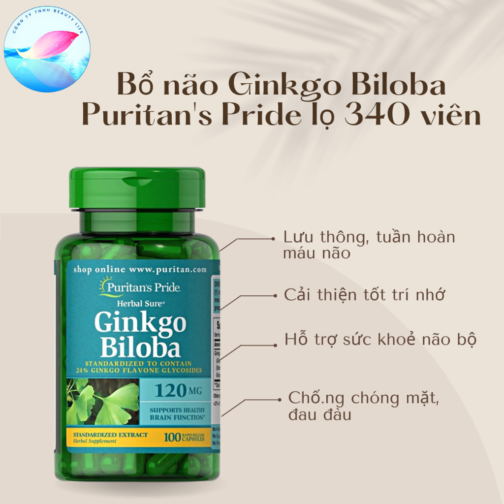 Viên Uống Bổ Não Tăng Cường Trí Nhớ Ginkgo Biloba Puritan's Pride 120mg lọ 100 viên