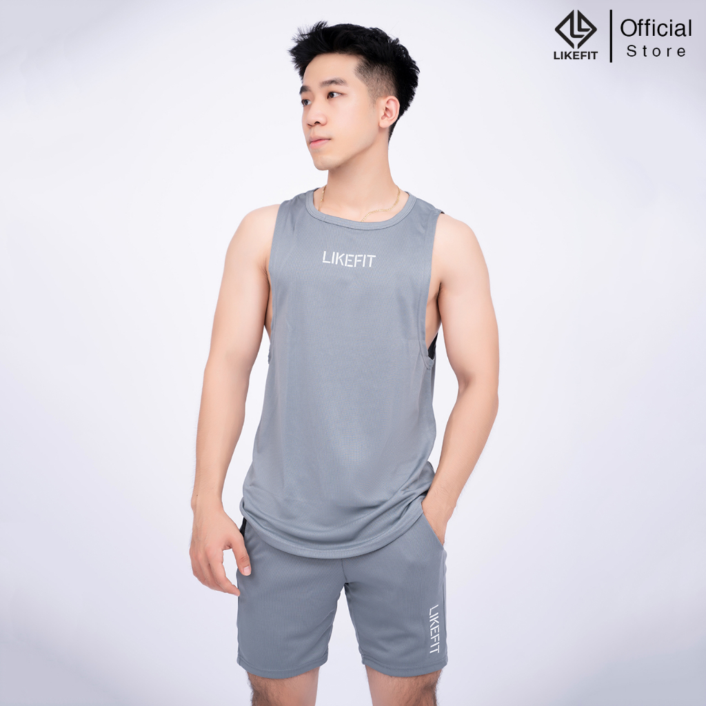 Bộ quần áo tập gym nam LIKEFIT - Áo ba lỗ và quần short tập gym vải thun lưới mè kim co dãn 4 chiều LFCF