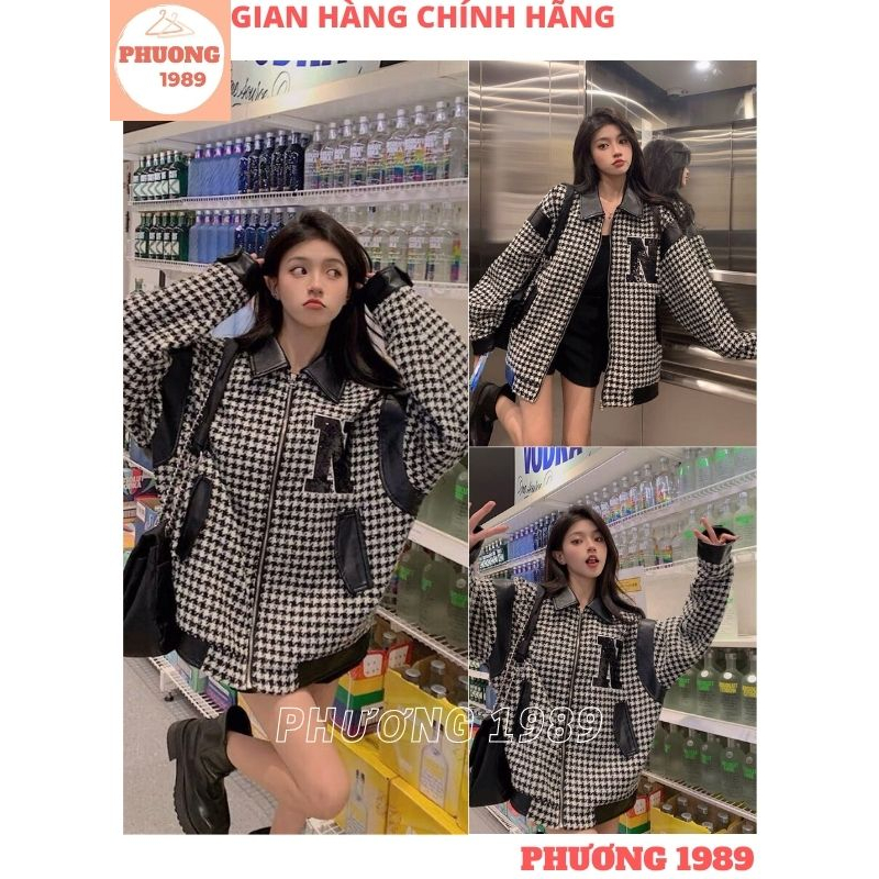 Áo khoác bomber chữ N phối tay da kiểu dáng thể thao unisex, Áo khoác bóng chày phối kẻ nam nữ ulzzang - 1989