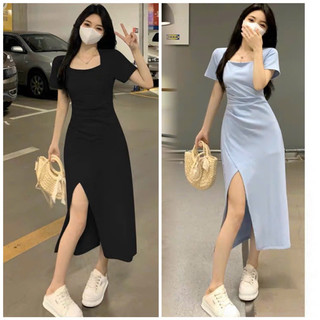 Đầm cổ vuông xẻ tà 2 màu