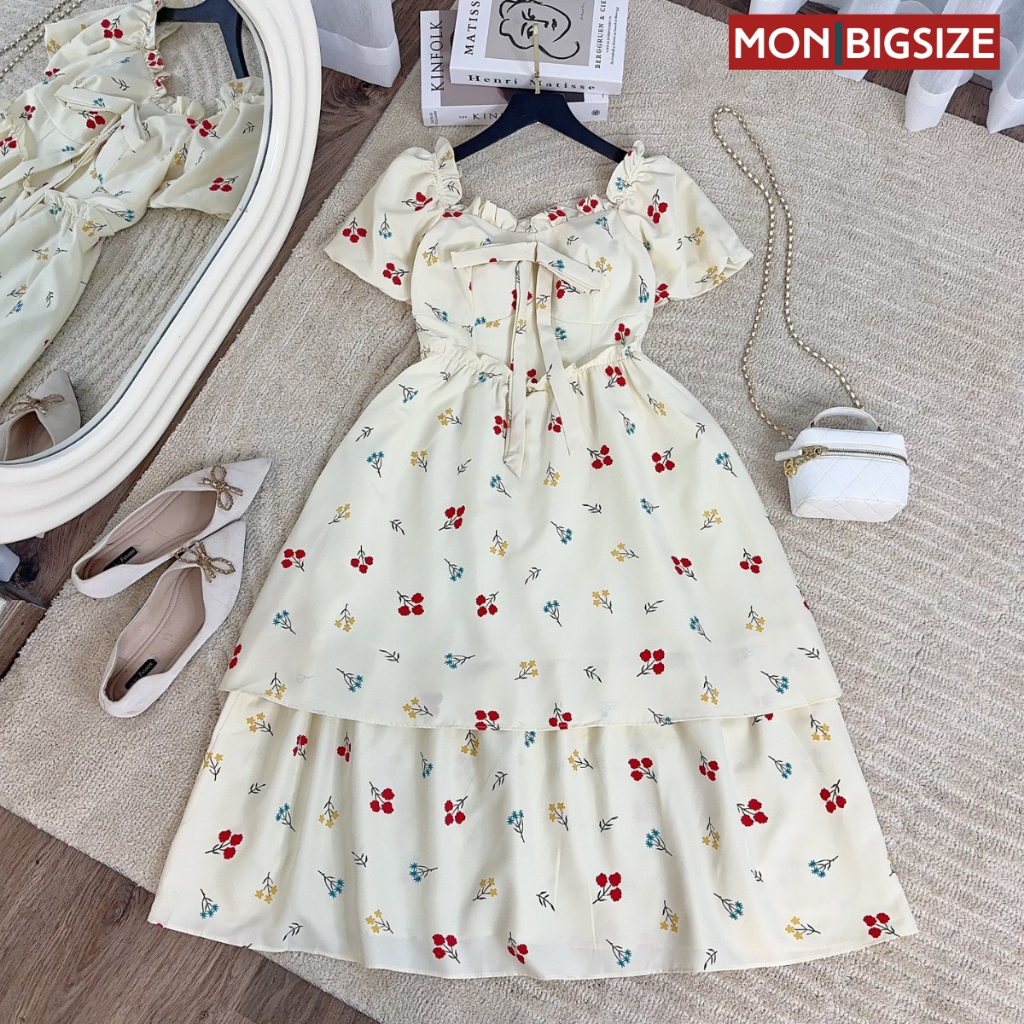 Váy bigsize nữ đầm dự tiệc đi chơi kiểu maxi cột nơ cổ lụa hàn MON big size 50 - 90kg