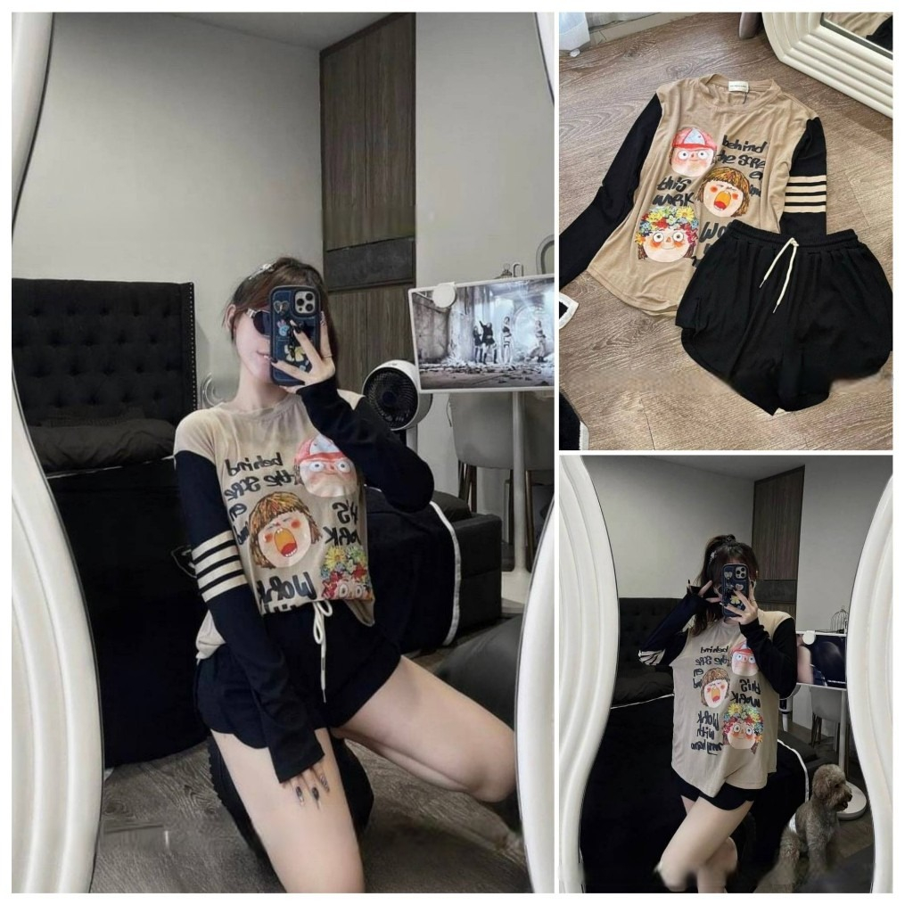Set đồ nữ áo thun dài tay kẻ sọc kèm quần đùi cạp cao (có big size), áo phông cổ tròn dài tay quần short ống rộng TM49