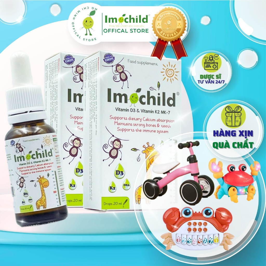 Combo 2 Vitamin D3K2 MK7 DHA Imochild Giúp Bé Tăng Chiều Cao Xương Chắc Khỏe Cải Thiện Trí Não Lọ 20ml