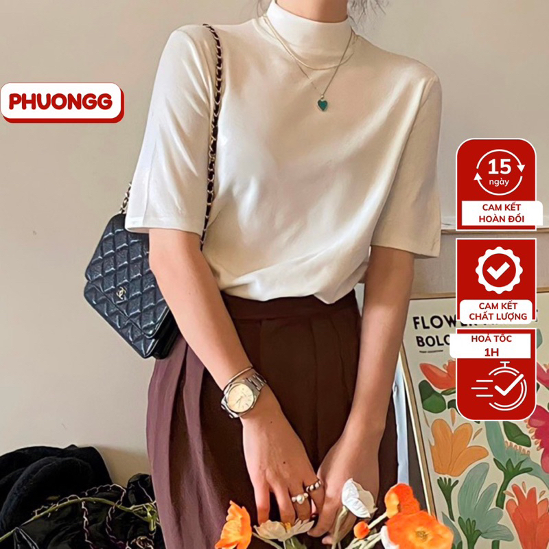 Áo thun nữ cổ cao 2 phân tay lửng, chất cotton dẻo style Hàn Quốc form ôm người, co giãn 4 chiều