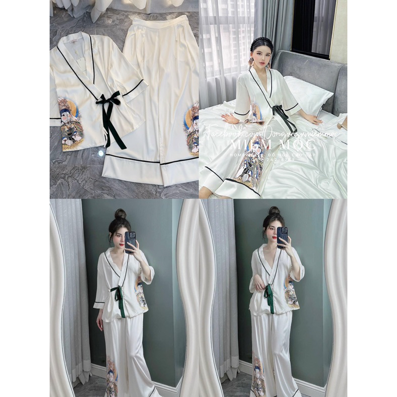 Bộ Ngủ Pijama mặc nhà xước dài tay KIMONO THỎ TRẮNG