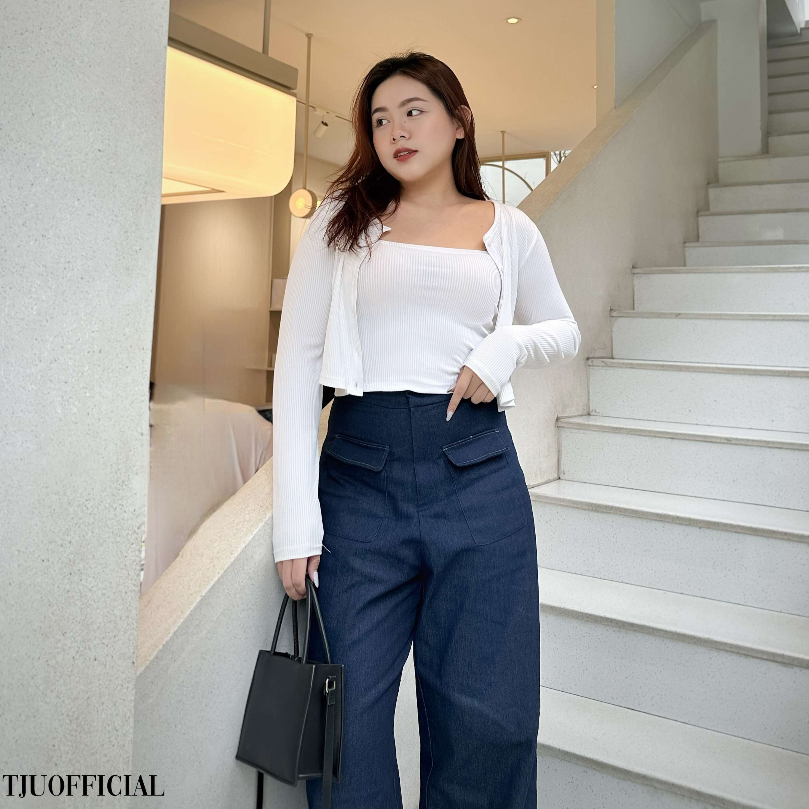 Quần jeans BIGSIZE ống rộng cạp cao tôn dáng, có túi GIGI JEANS