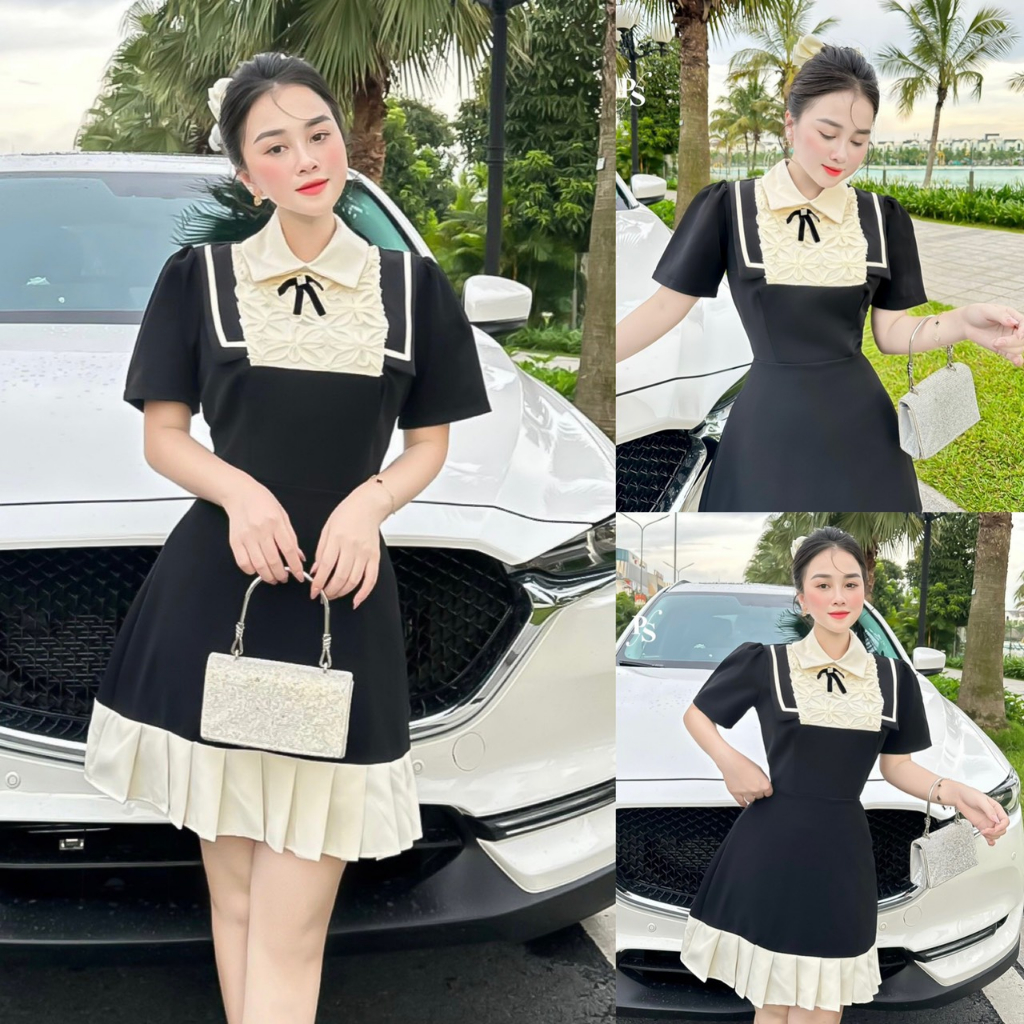Váy nữ,đầm tiểu thư nữ vải chéo hàn cao cấp mềm đẹp cổ đính nơ phối ren hoa sang trọng V19 SUTANO