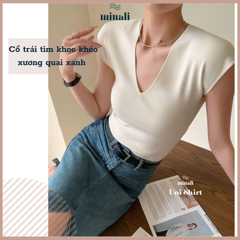 Áo thun dệt kim tay lửng cổ chữ V dáng ôm thời trang Uni Shirt dành cho nữ Minali Store