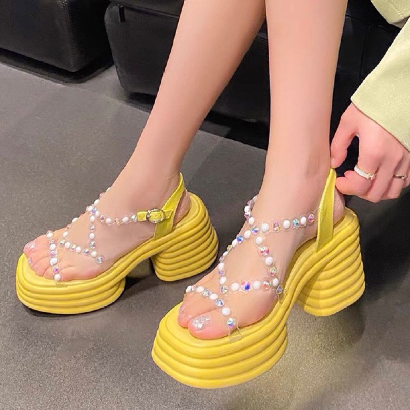 ORDER 🍀 Giày chunky quai dây hạt đá đế cao su 9cm 34-39