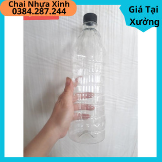 Chai nhựa 1000ml chai tròn sọc kèm nắp đen nắp trắng
