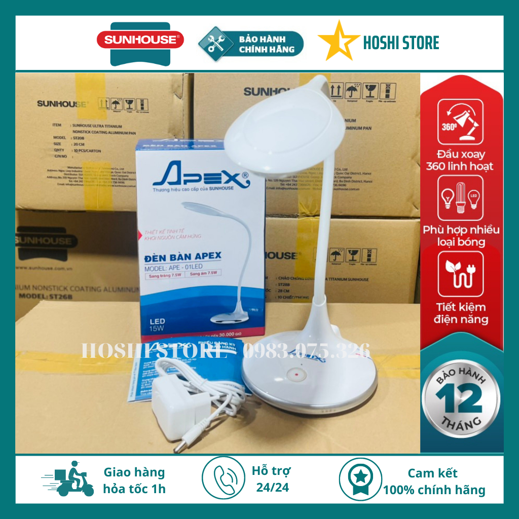 Đèn học, đèn bàn chống cận cao cấp Sunhouse Apex APE-01LED, phím điều chỉnh ánh sáng cảm ứng, cổng sạc USB tiện lợi