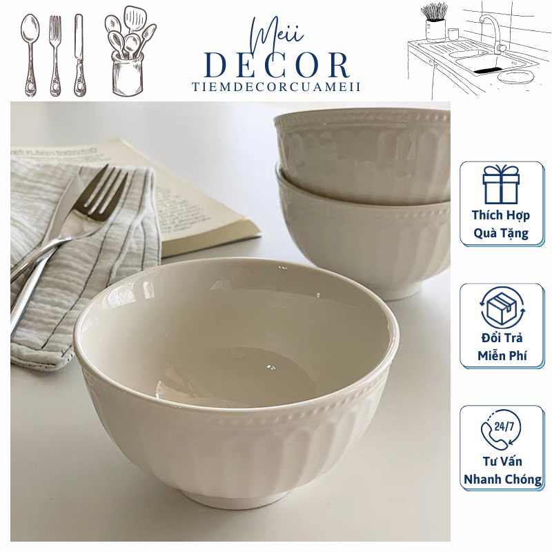 Bát ăn cơm đơn giản, sang trọng họa tiết chạm nổi -Meii.decor
