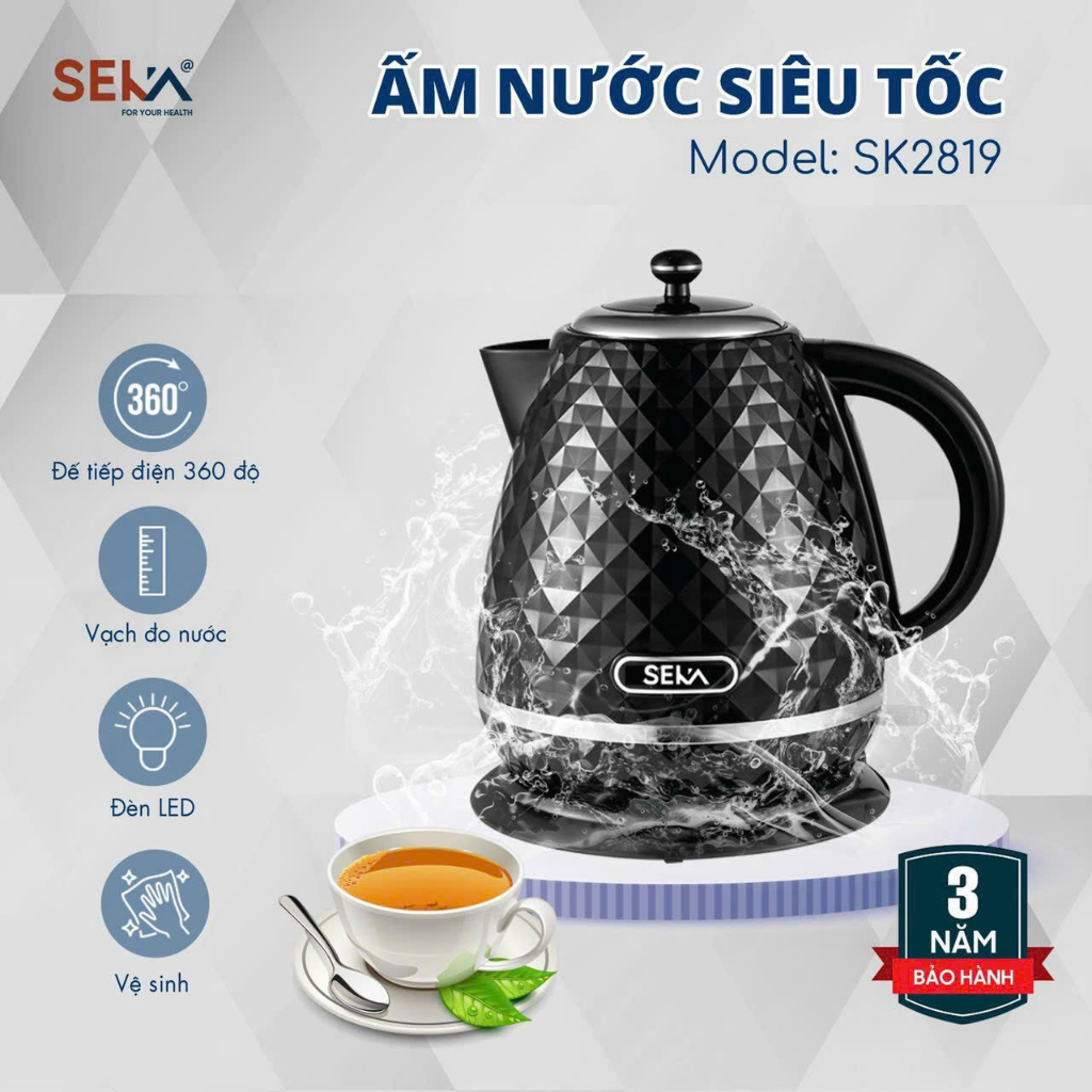 Ấm Siêu Tốc Seka SK2819 Đế Xoay 360 độ, dung Tích 1.7 Lít Công Suất 2200W bảo hành chính hãng 3 năm