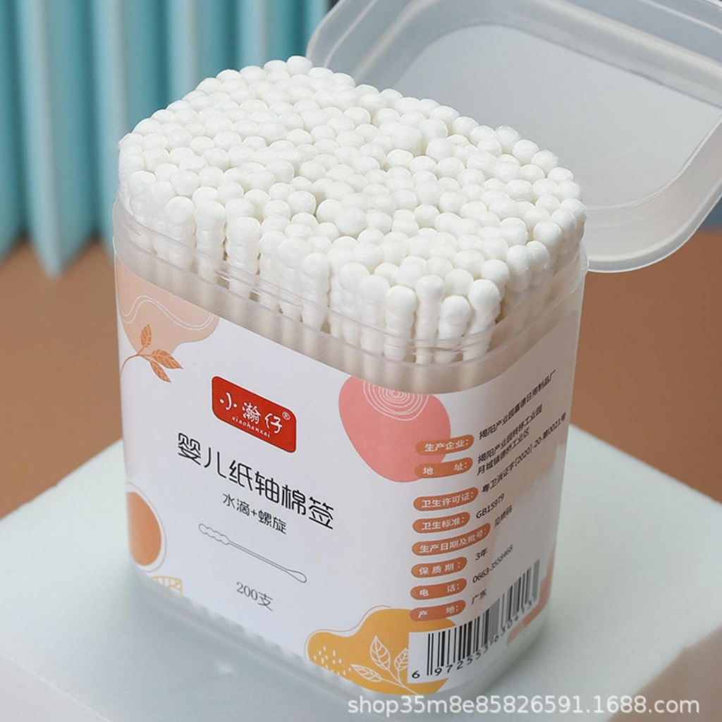 Bông Tăm Ngoáy Tai Cho Bé Hộp 200 Que Thân Thiện Với Môi Trường, Tăm Bông Ngoáy Tai An Toàn Tiện Lợi