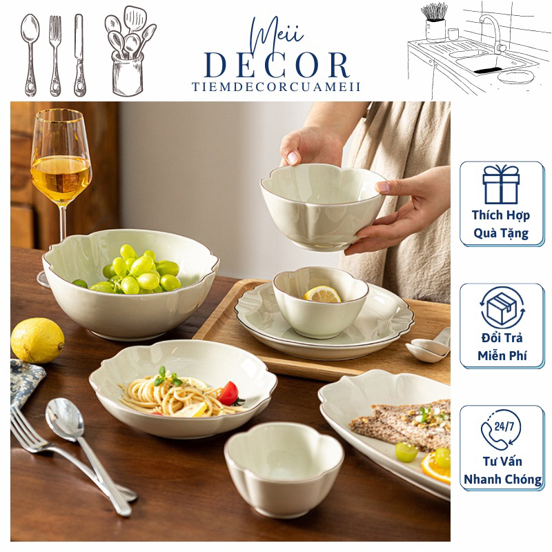 Bộ bát đĩa sứ Rose cao cấp trắng viền nâu sang trọng, thanh lịch -Meii.decor