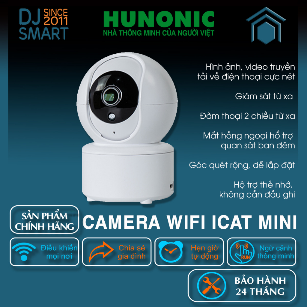 Camera Wifi ICat Mini Hunonic - Đàm Thoại 2 Chiều, Xoay 360 Độ, Tích Hợp Ngữ Cảnh App Hunonic, Đồng Bộ Được Với Bộ Điều