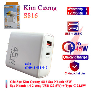 Cóc sạc nhanh kim cương s816 45w, hỗ trợ 2 cổng sạc , củ sạc nhanh